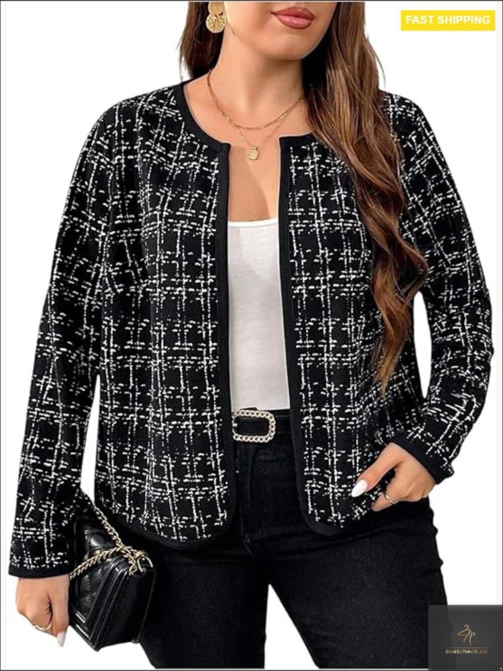 Plus Size Houndstooth Open Front Long Sleeve Jacket Casual Outerwear Chic